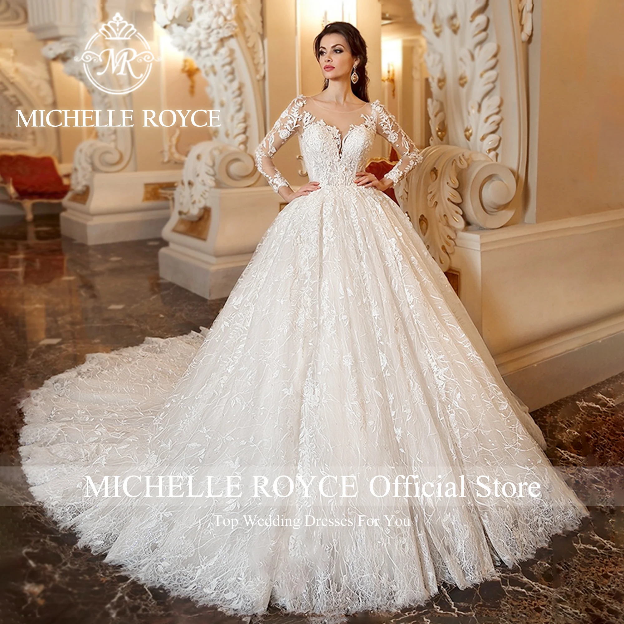 Michelle Royce Abito da ballo di lusso Abito da sposa Nuovo scollo a V profondo che borda l'abito con paillettes di cristallo per la sposa Abiti da sposa