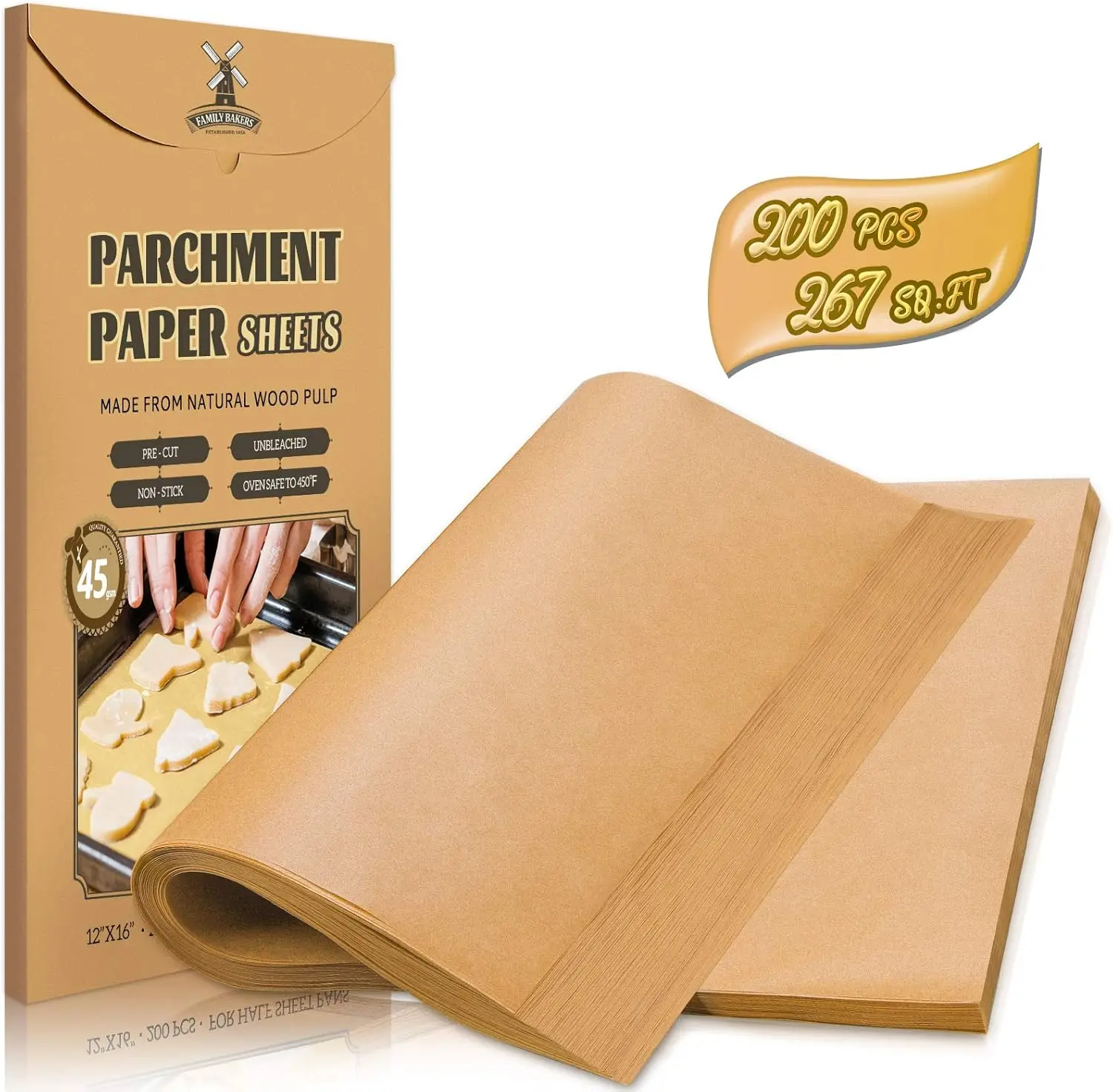 

200 Unbleached Parchment Paper Sheets, 12x16 Inch, Precut Non-Stick for Baking, Cooking, Grilling, Air Fryer & Steaming, Fit Half Sheet Pans