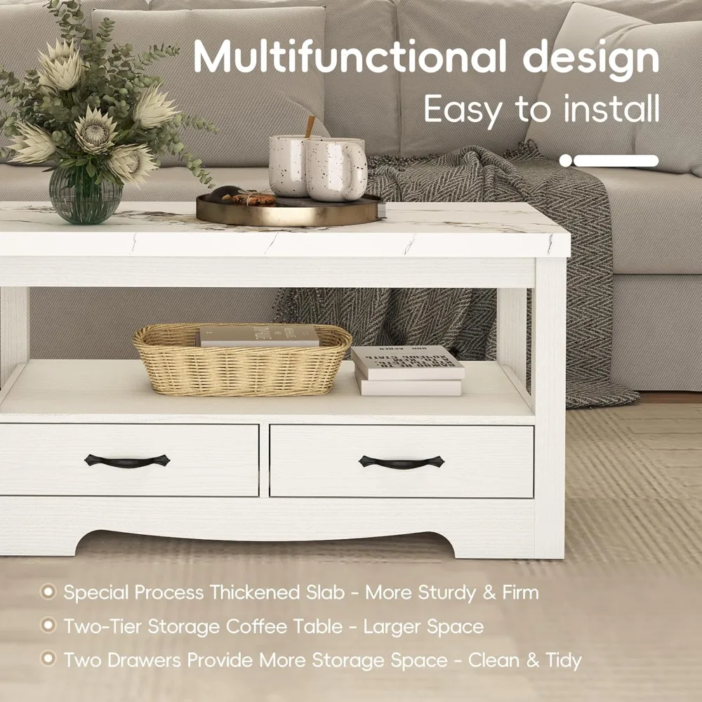 Salontafel 40 kunstmarmeren 2-laags moderne houten rechthoekige middentafel met lades voor woonkamer, vergaderruimte, verdikt