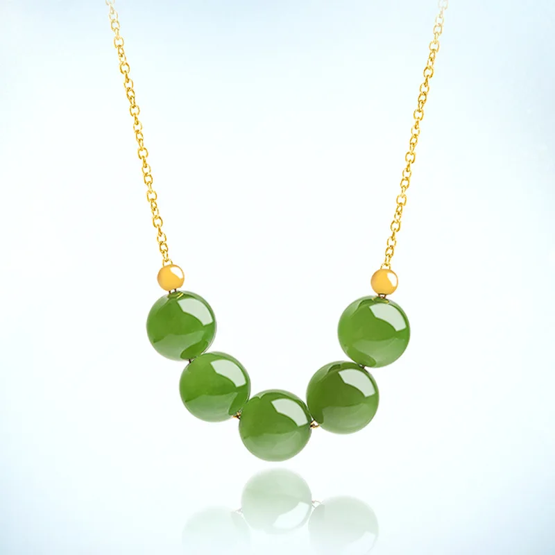 

Spinach Green Old Material Hotan Jade Jasper 8mm Round Bead Collar Chain Pendant S925 Silver Natural Jade Women's Necklace