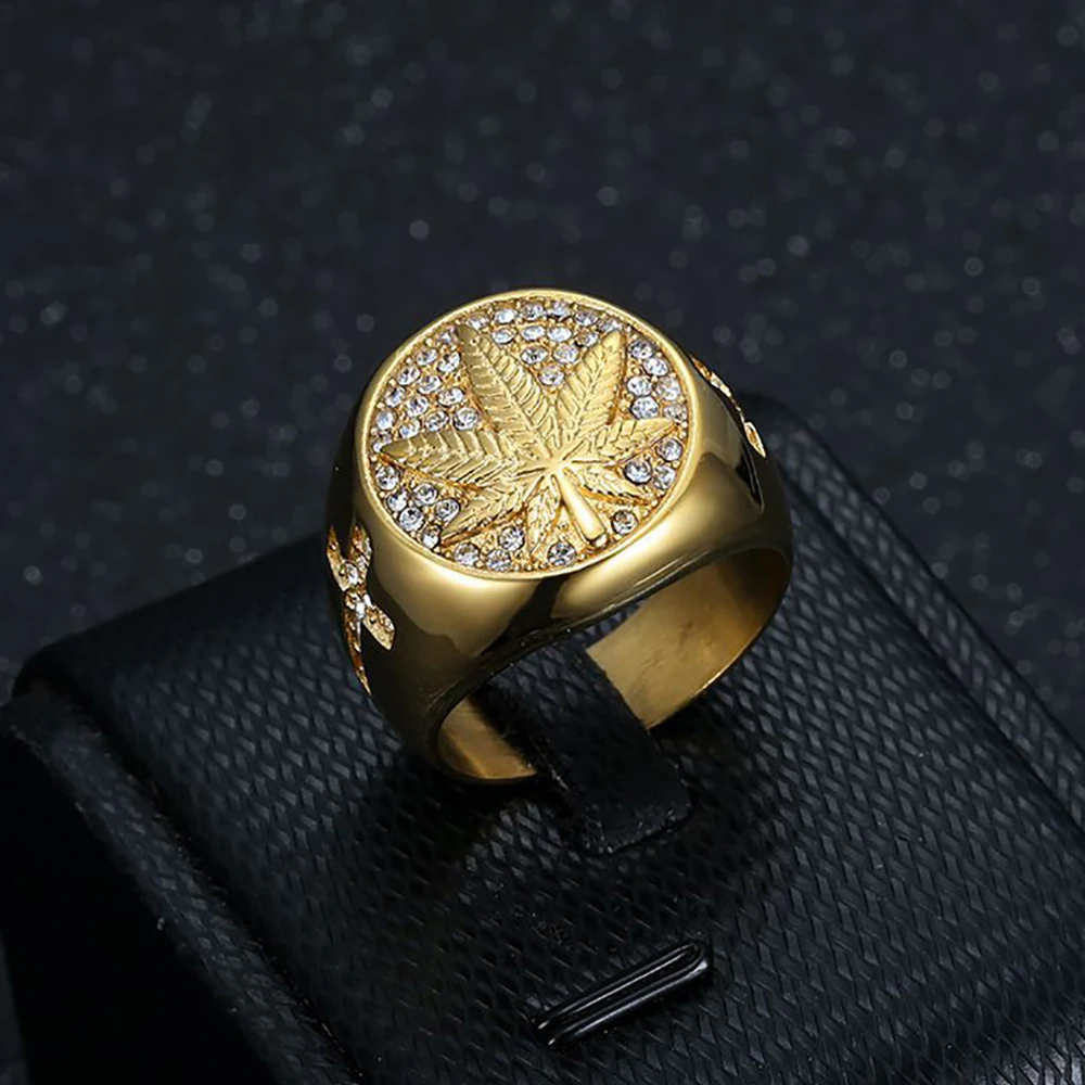 Fashion Hip Hop Bling Iced Out Maple Leave Ring Stainless Steel Cubic Zirconia Rings For Men Women Business Party Jewelry Gift