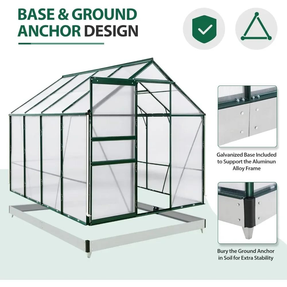 6x8x7 Outdoor Walk-in Hobby Greenhouse with Adjustable Roof Vent and Rain Gutter, Base and Anchor, Polycarbonate Aluminum