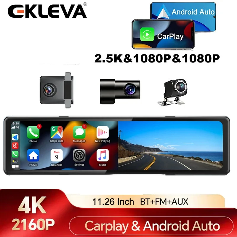 

11.26" Android Auto MirrorCam 4K Front Inside Back 3CH Car DVR WiFi CarPlay NAVI Night Vision 24H Parking Monitor G-Sensor