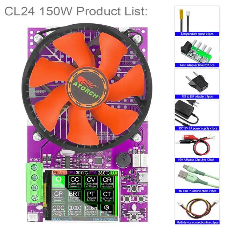 Tester USB CL24 4-przewodowy Tuya WiFi 2.4 cala TFT Smart z pomiarem pojemności baterii 18650, 1.2V AAA, 150W, elektroniczny tester obciążenia i rozładowania.