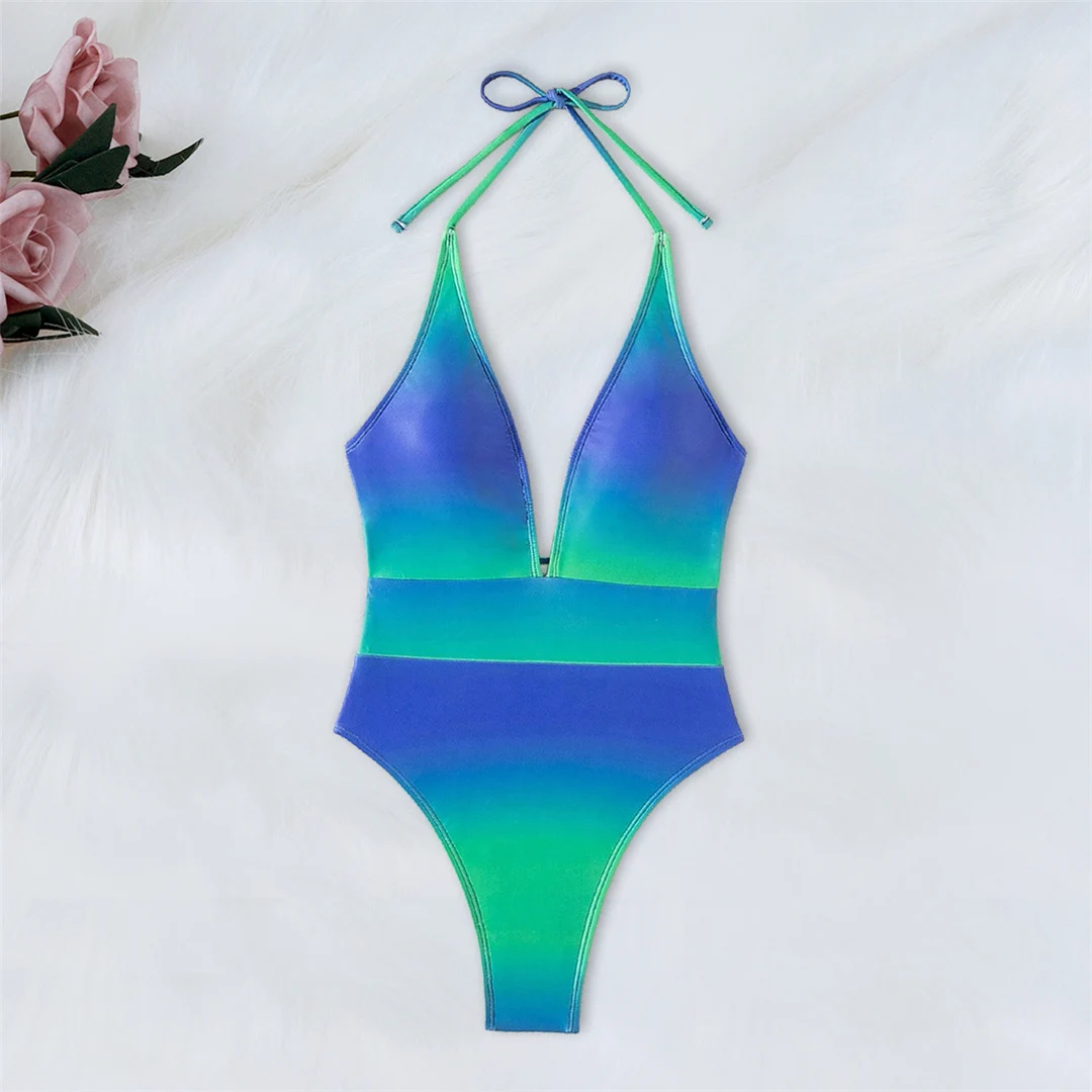 Tief ausgeschnittener, rückenfreier, einteiliger Badeanzug mit Halterneck und Batikmuster für Damen, High-Cut-Monokini, Badebekleidung, Badeanzug, Modell V6314 – Detail 4