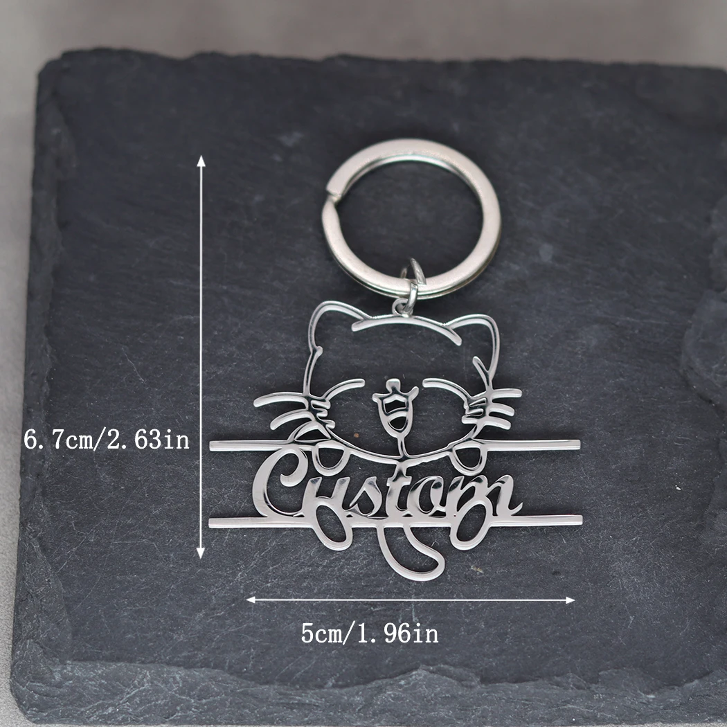 Personalized Chubby Cat Pendant Customized Engrave Name Keychain Men Women Car Keyring Stainless Steel Jewelry Souvenir Gift