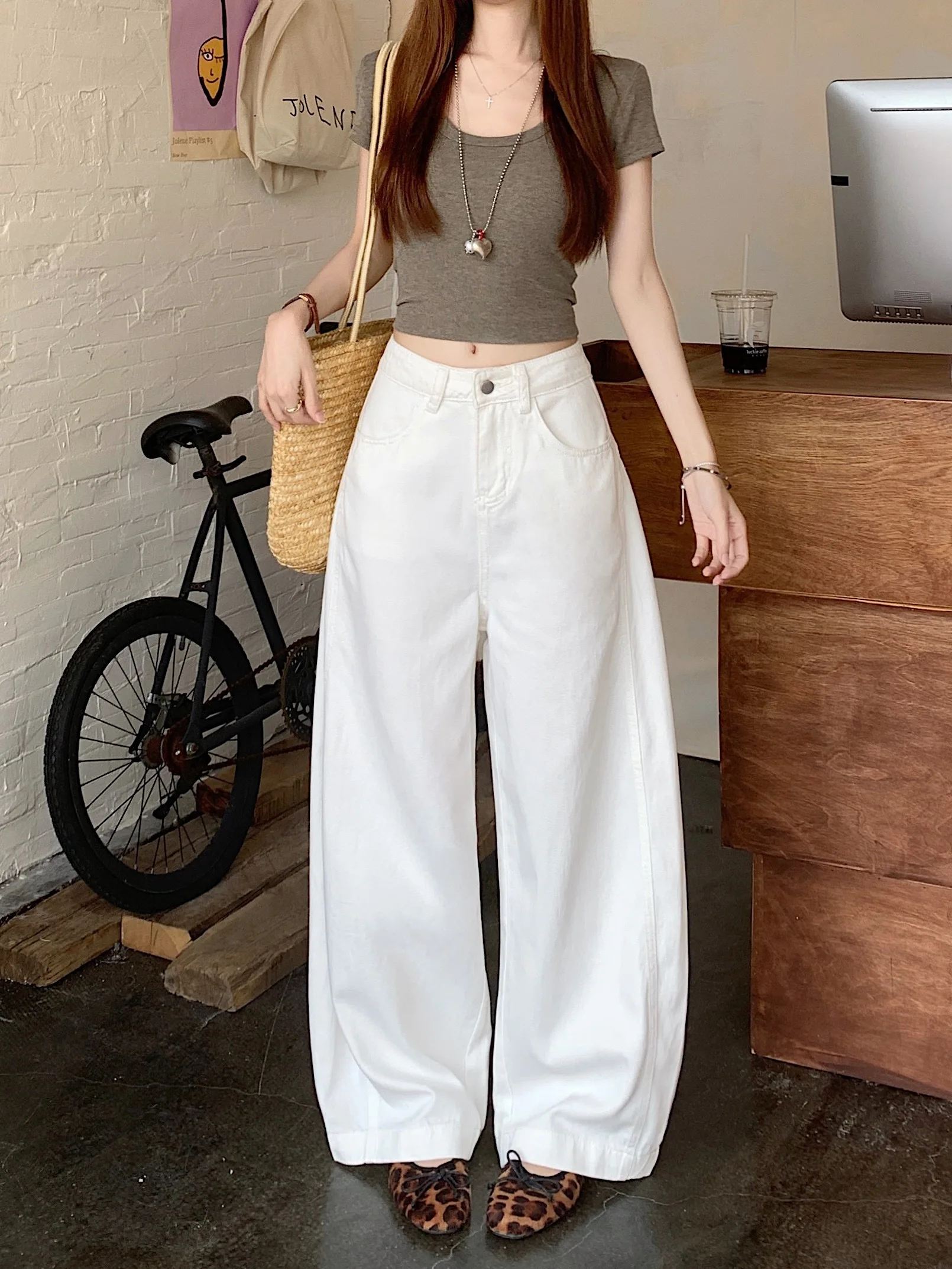 

Retro American White Distressed Knife Jeans High Waist Wide Leg Pants Summer Loose Fit Floor Length Casual Women's Denim