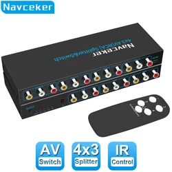 Navceker RCA AV przełącznik Splitter Box 4 w 3 wyjście AV Audio wideo sygnał kompozytowy do LCD HDTV DVD 3 przełącznik RCA 4 do 1 selektor