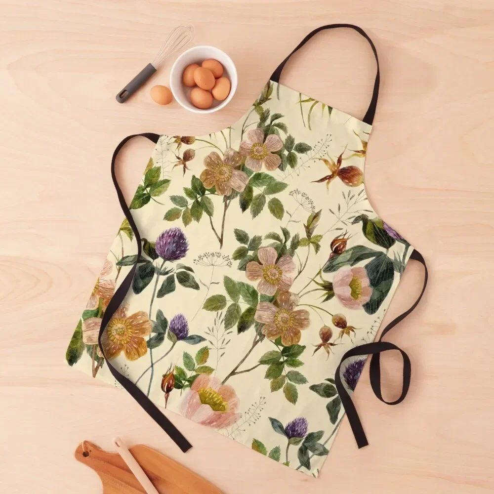 

Watercolor rosehip, clover, forest herbs. Floral pattern on a beige background. Apron Restaurant Korean Nursing Apron