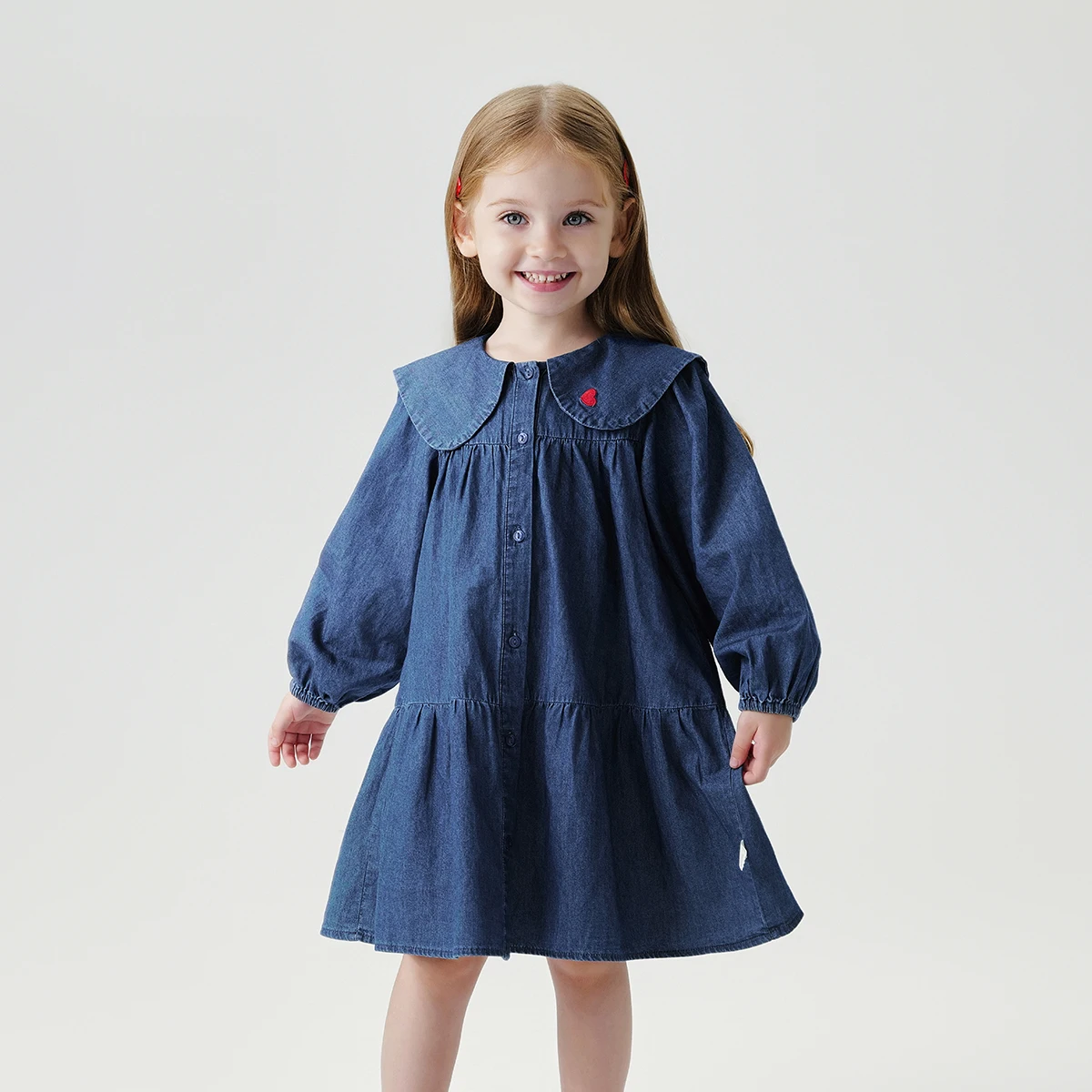 

MARC & JANIE Girls Doll Neck Love Embroidery Denim Dress For Spring & Autumn 241056