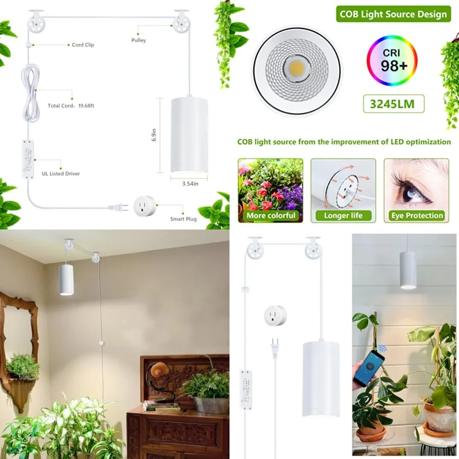 Hanging Grow Light, Plant Lights Full Spectrum with 4000K 40W COB Bulb, Pulleys and Smart Timer, Indoor Grow Lamp for Tall Tree