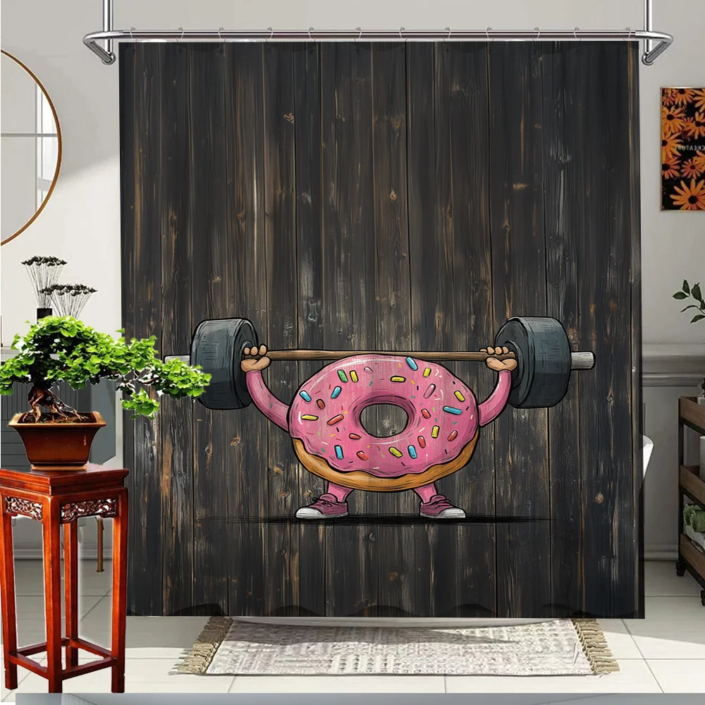 Funny Donut Lifting Weights Shower Curtain, Pink Sweet Food Gym Print Waterproof Bathroom Decor, Cute Kids Home Bath Screen
