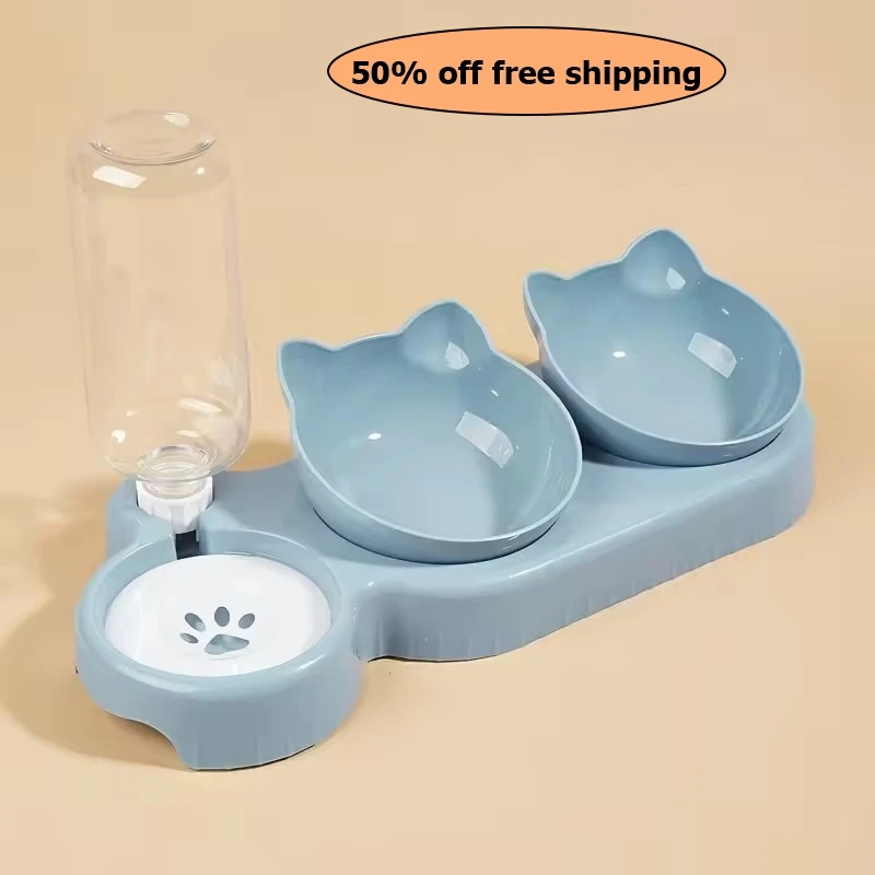 

1pcs Pet Bowl with Water Feeder, 3-in-1 Ear Design Tilting Cat Water and Food Bowl with Gravity Water Bottle Free shipping