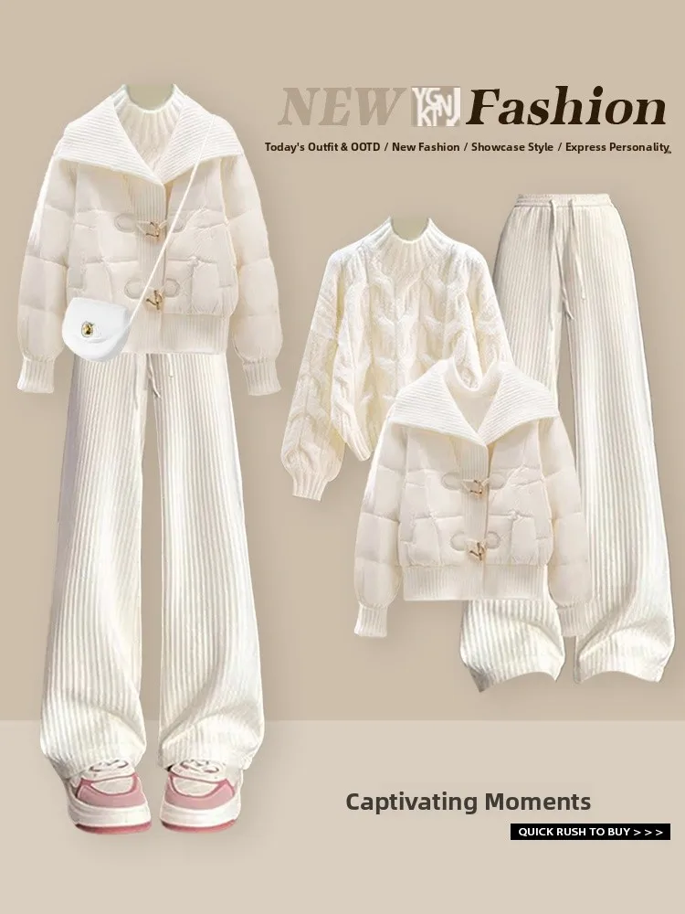 

Теплый вязаный свитер и брюки с широкими штанинами: женский комплект из двух предметов для осени и зимы, повседневный модный хлопковый костюм