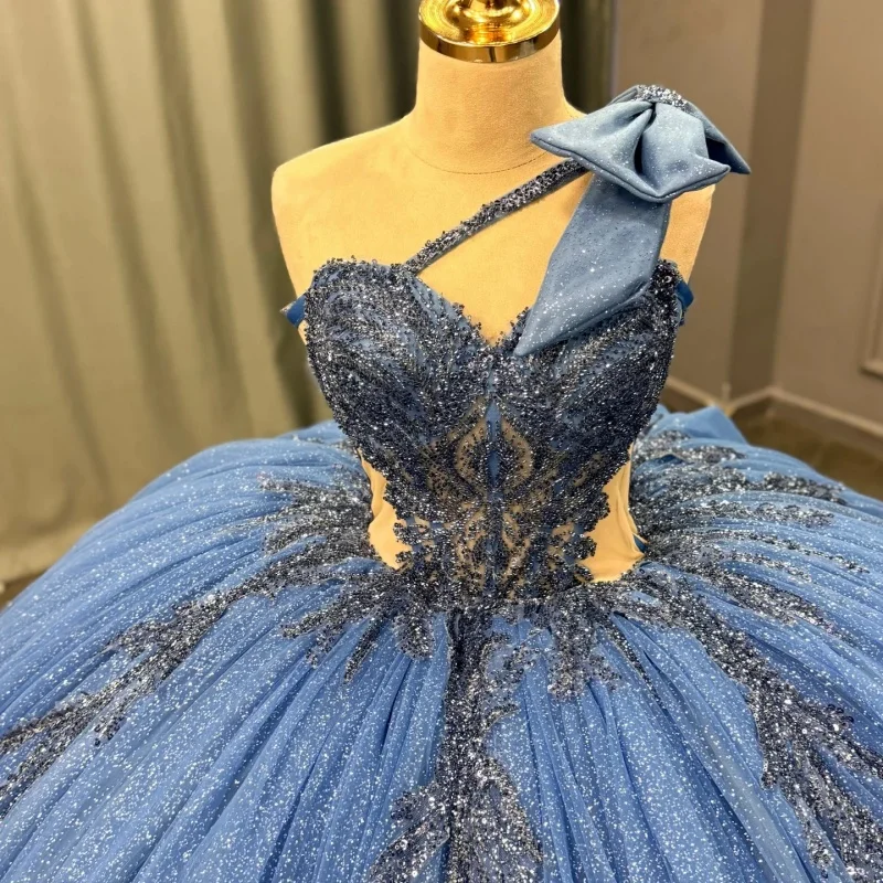

Shiny Blue Quinceanera Dresses Off the Shoulder Glitter Crystal Beads Decal Long tail Bow Vestido 15 Quinceanera Customized