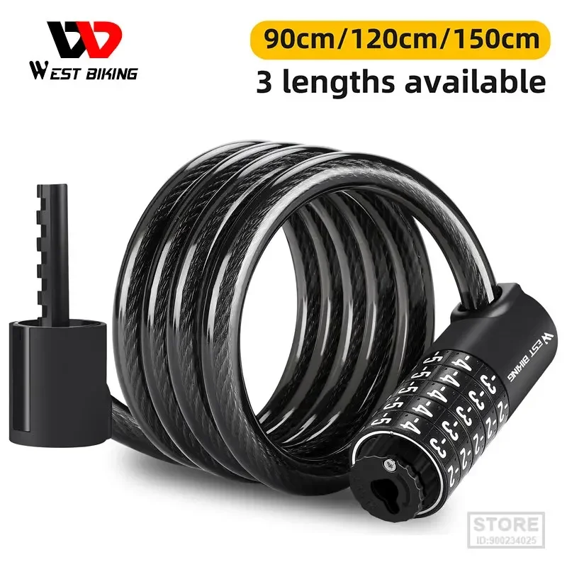 WEST BIKING 90-150cm Anti Theft Bicycle Lock 5-Digit Combination Security Cable Lock Waterproof  E-Bike Motorcycle Wire Lock