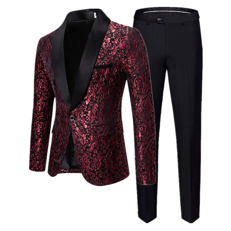 New Male Jacquard Suit 2 Piece Blue / Red / Black Men Luxury Wedding Prom Party Stage Blazers Jacket and Pants