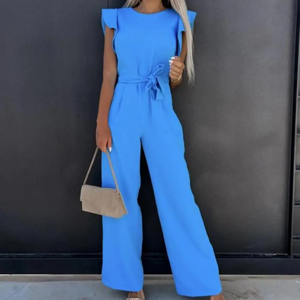 

Women Romper Solid Color O Neck Right-ankle Shoulder Ruffle Sleeveless Playsuit Overalls For Women Clothing 2022 Office Clothes