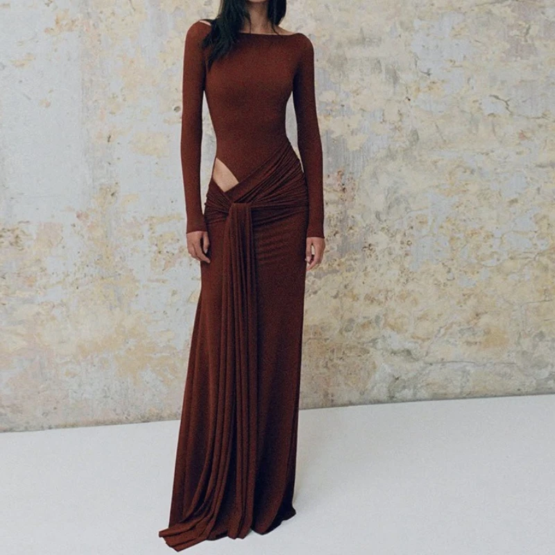 

Women's Clothing 2025 Autumn New Solid Color Round Neck Long Sleeve Long Dress with Hollow Out and Tie Waist Slim Fit Dress