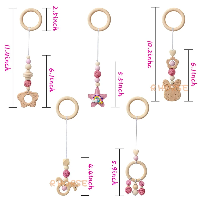 5 Pcs De Madeira Jogar Gym Toy Set para Crianças Rosa Pendurado Pingente Recém-nascido Sensorial Choque Montessori Brinquedo Baby Shower Enfermagem Presentes