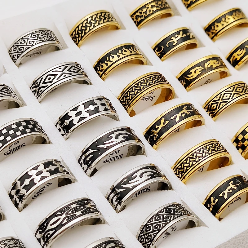 18/36pcs Wholesale Fashion NEW Stainless Steel Rings for Men Fashion Jewelry Black Geometric Pattern Holiday Gift  Free shipping