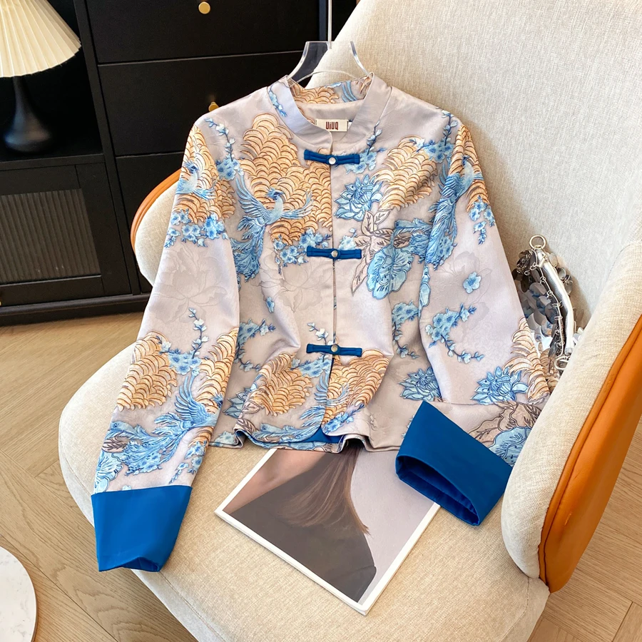 Elegant Long Sleeve Embroidered Satin Jacket Chinese Oriental Vintage Style High End Fashion Women's Top Traditional Costume