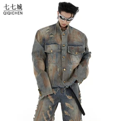 Vintage Denim Jackets Men Y2K Tie-dyed Distressed Oversize Coat Fashion Korean Hole Loose Flared Jeans Hip Hop Streetwear Autumn
