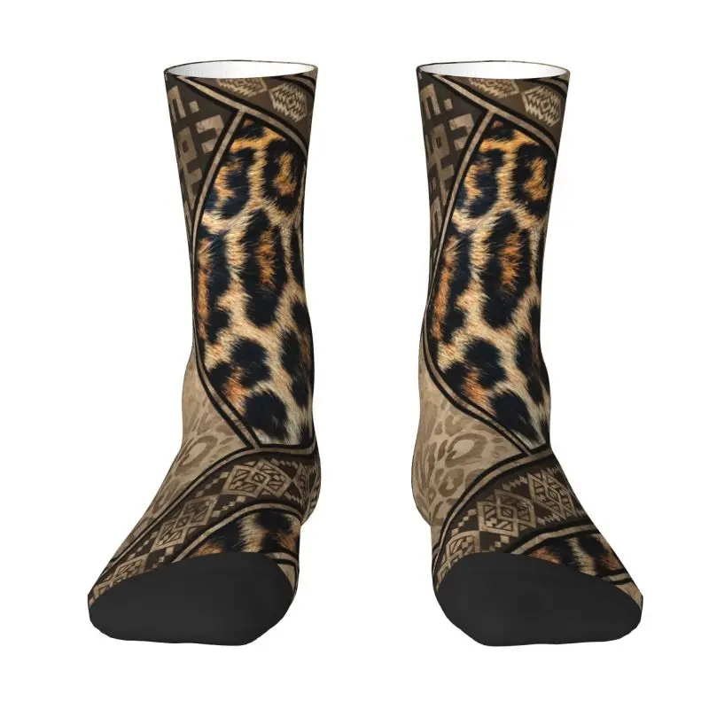 

Leopard Fur Ethnic Tribal Geometric Ornaments Men's Crew Socks Unisex Cool 3D Printed Animal Leather Texture Dress Socks