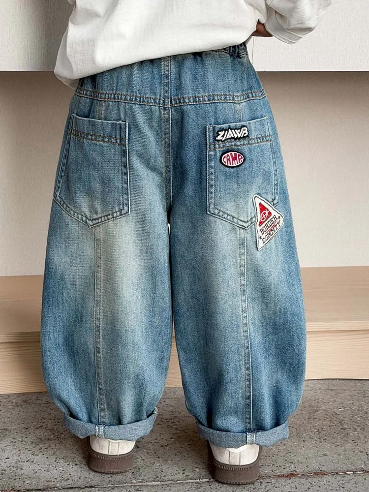 Spring Autumn Baby Boy Jeans Cotton Elastic Waist Children Loose Denim Pants Casual 2-8 Years Toddler Kids Patchwork Trousers