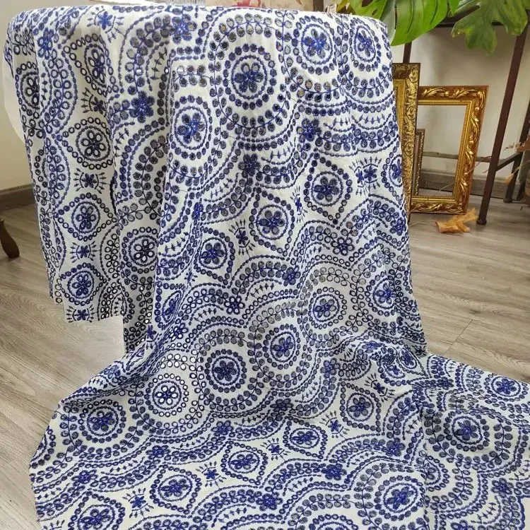 

Cotton embroidered openwork cloth blue vintage design sewing material clothing tablecloth pillowcase curtain cushion per meter