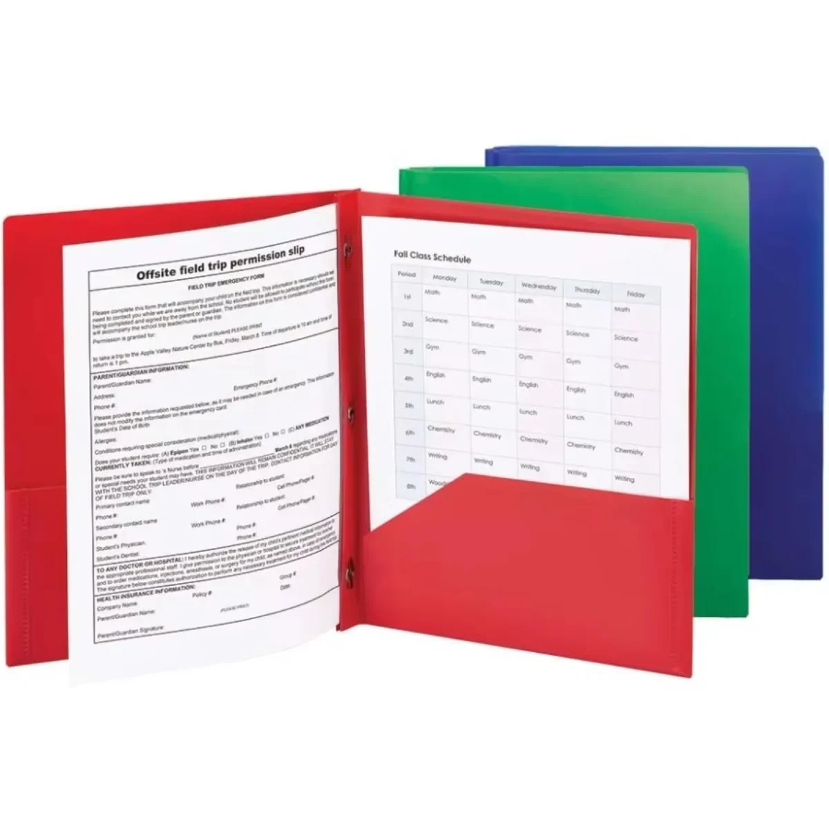 Map met twee zakken, letterformaat, diverse kleuren, punch-polsbevestigingen met drie gaten, 3 per verpakking