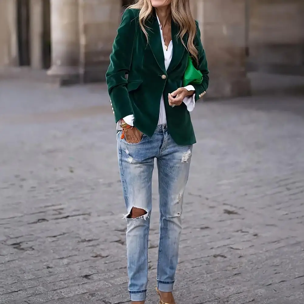 Office Suit Coat Elegant Velvet Suit Coat with Notched Collar Single Button Closure Versatile Office Outerwear for Stylish