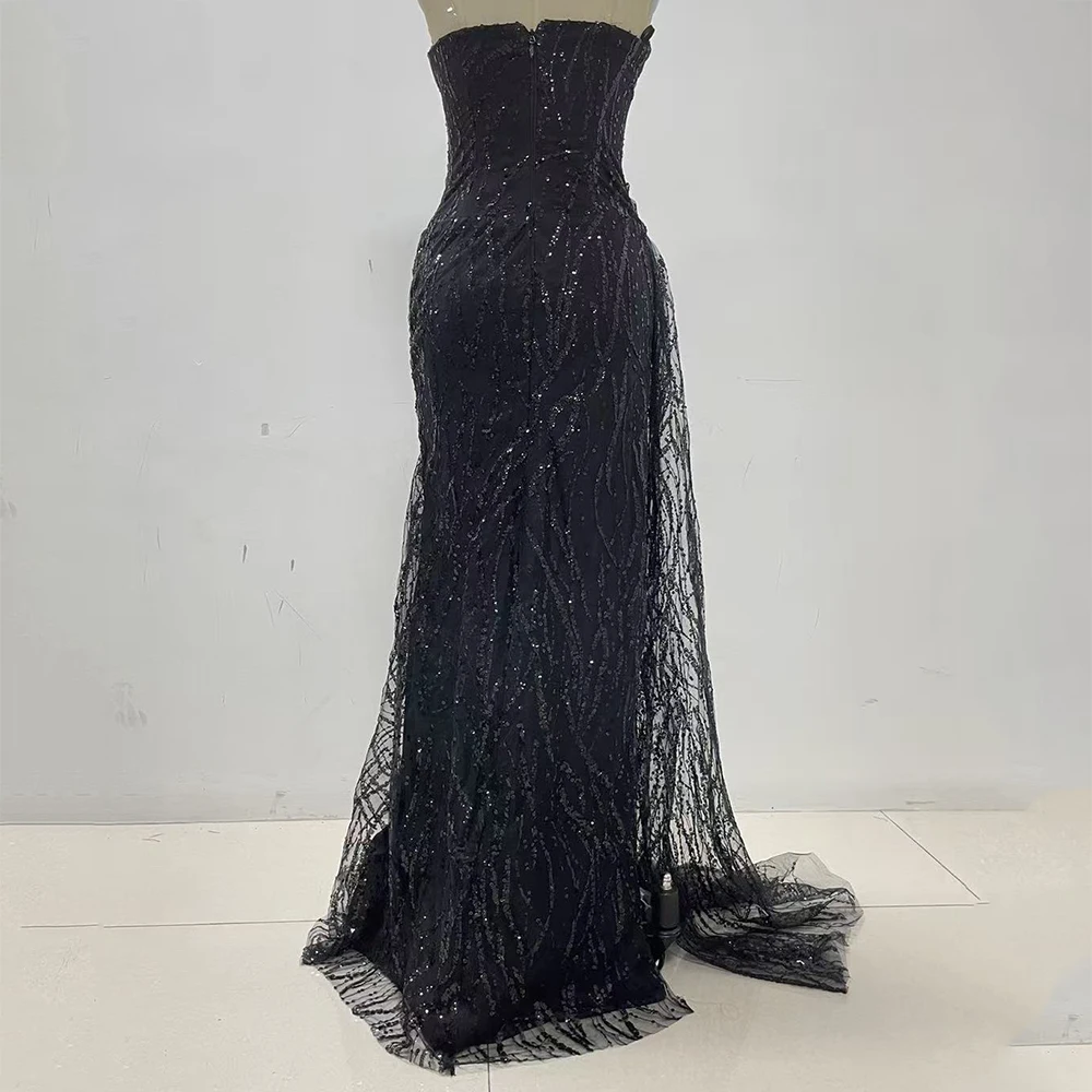 Simple Black Prom Dresses ผู้หญิงที่ไม่มีสายหนังทรัมเป็ต Vent มุมมองคุณภาพสูงความยาวชั้นคลาสสิกหญิง Gowns