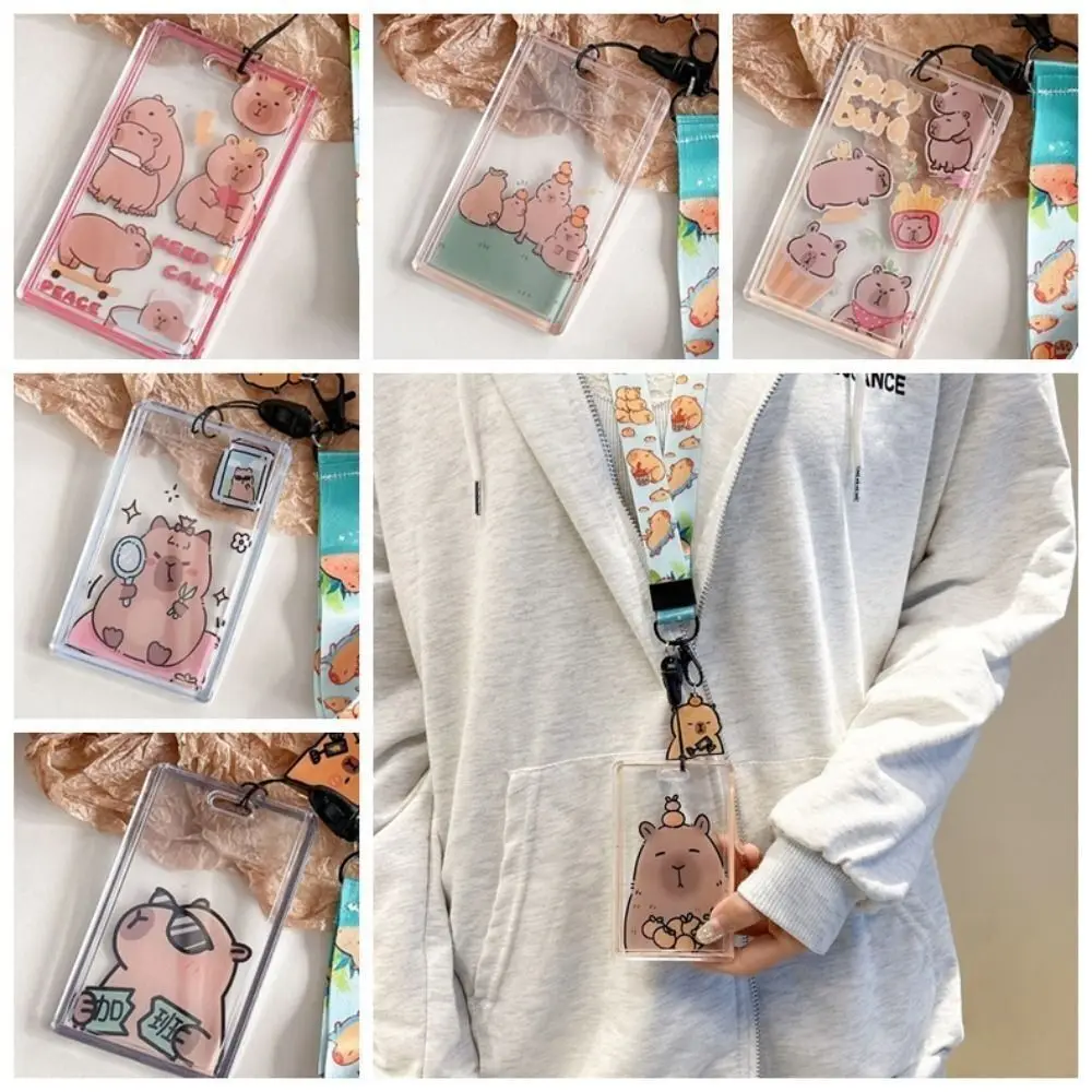 Portatarjetas deslizante Capybara, funda acrílica de dibujos animados, transparente, con cordón largo, para autobús, novedad