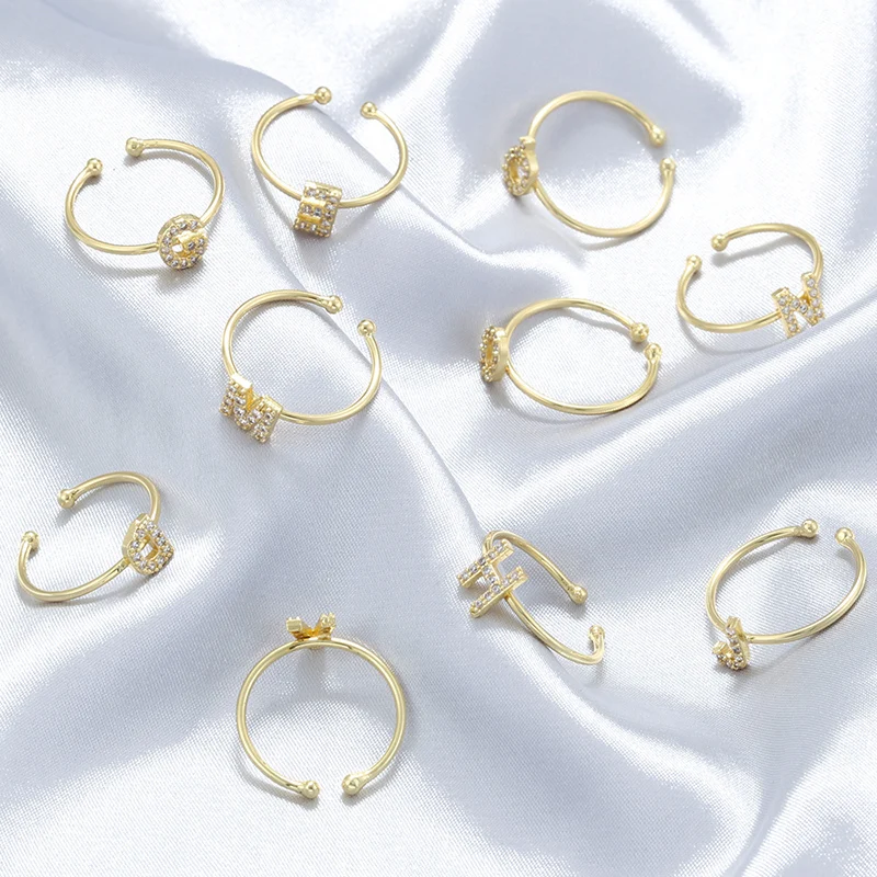 ZHUKOU micro-set zirconia letters A-Z adjustable unisex ring can be worn by both men and women lucky ring golden：VJ653