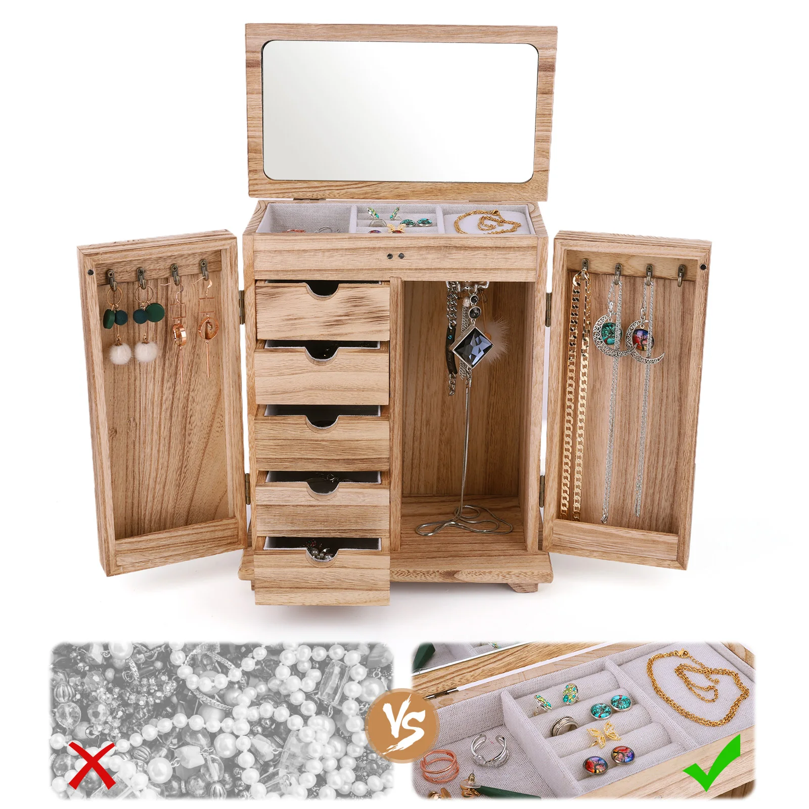 

Wood Jewelry Box Large Jewelry Organizer Box 5 Layer Jewelry Storage Box Vintage Style Jewelry Holder for Rings Bracelets