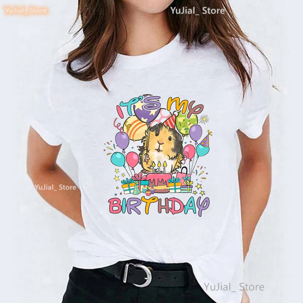 

Kawaii Guinea Pig/Chuhuahua It'S My Birthday Graphic Print Tshirt Girls Balloon Birthday Party Dog Lover T Shirt Women T-shirt