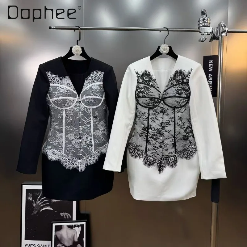 سترة أنيقة لخريف 2025 متعددة الاستخدامات مُزينة بالدانتيل مكونة من قطعتين وأكمام طويلة ورقبة على شكل حرف v سترة كورية أنيقة عصرية راقية