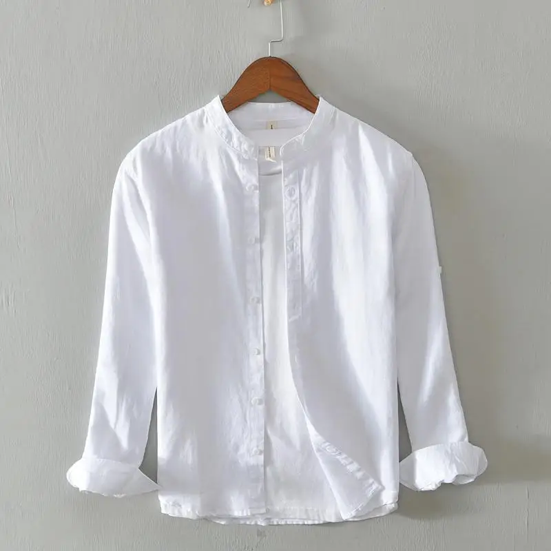 

Мужская белая дышащая рубашка из хлопка и льна, повседневная, тонкая, для молодежи, однотонная, для ежедневной носки...