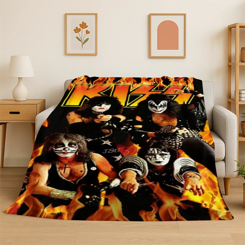 Retro Kiss Rock Heavy Metal Band Flannel Blanket Soft Warm Throw Blanket for Bedroom Living Room Bed Travel Camping Picnic Gift