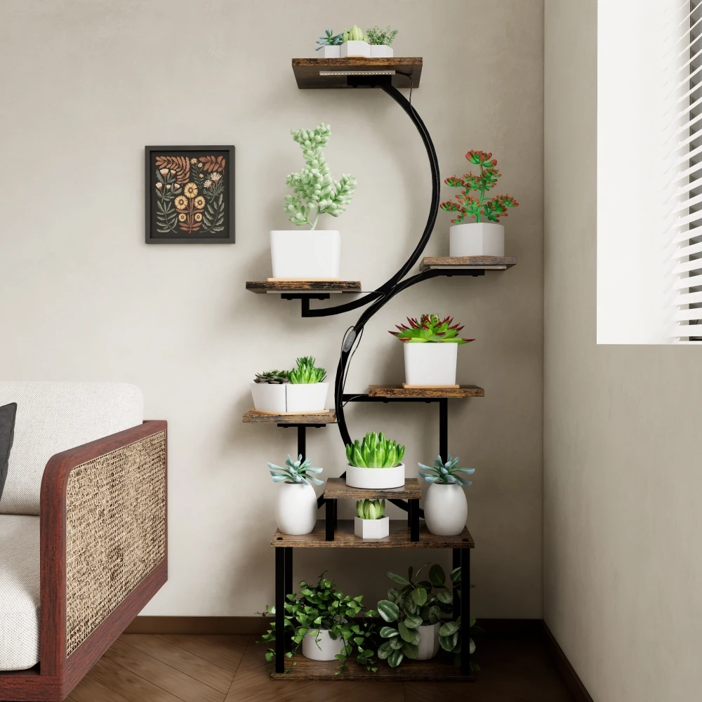 8-Tiered Indoor Plant Stand with 5 Lights, 10-Level Stepless Dimming, Durable Thickened Metal Steel Pipe for Living Room, Garden