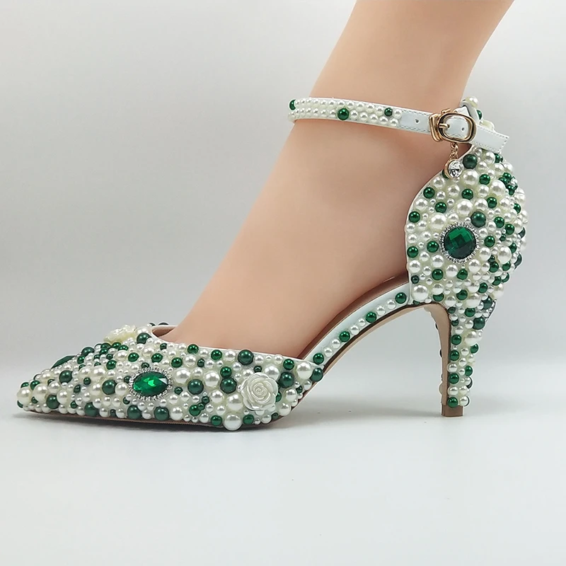 2024 New Arrival Green pearl Pointed Toe Female Party shoe and Purse wedding shoes woman Fashion Thin Heel Shallow High Pumps