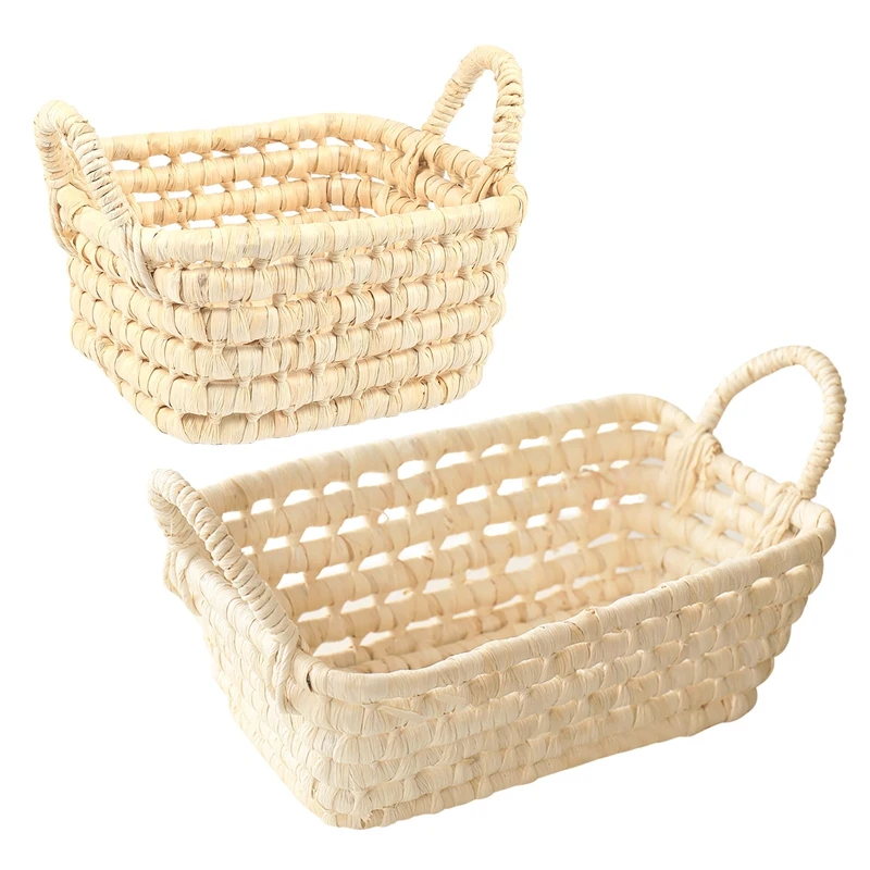 Handmade Straw Storage Basket Corn Husk Fruit Sundries Organizer Plant Box Straw Flower Pot With Handle