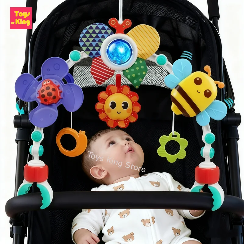Cochecito de bebé de juguete, arco de abeja, campanilla, bouncer, asiento de coche de viaje infantil, accesorio de cuna Montessori, sonajero, actividad de cochecito móvil sensorial