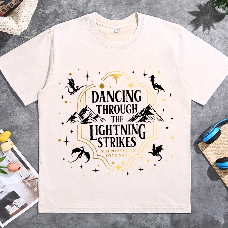 Dancing Through The Lightning Strikes T-Shirt Vintage Washed Bookish Tshirt Cotton Short Sleeve Men Women Comfortable Tees