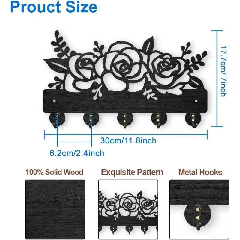 1 Set Flower Plant Coat Hooks Wall Mounted 11.8×7inch Rose Flower Wood Key Holder for Wall Decorative Key Rack Hanger