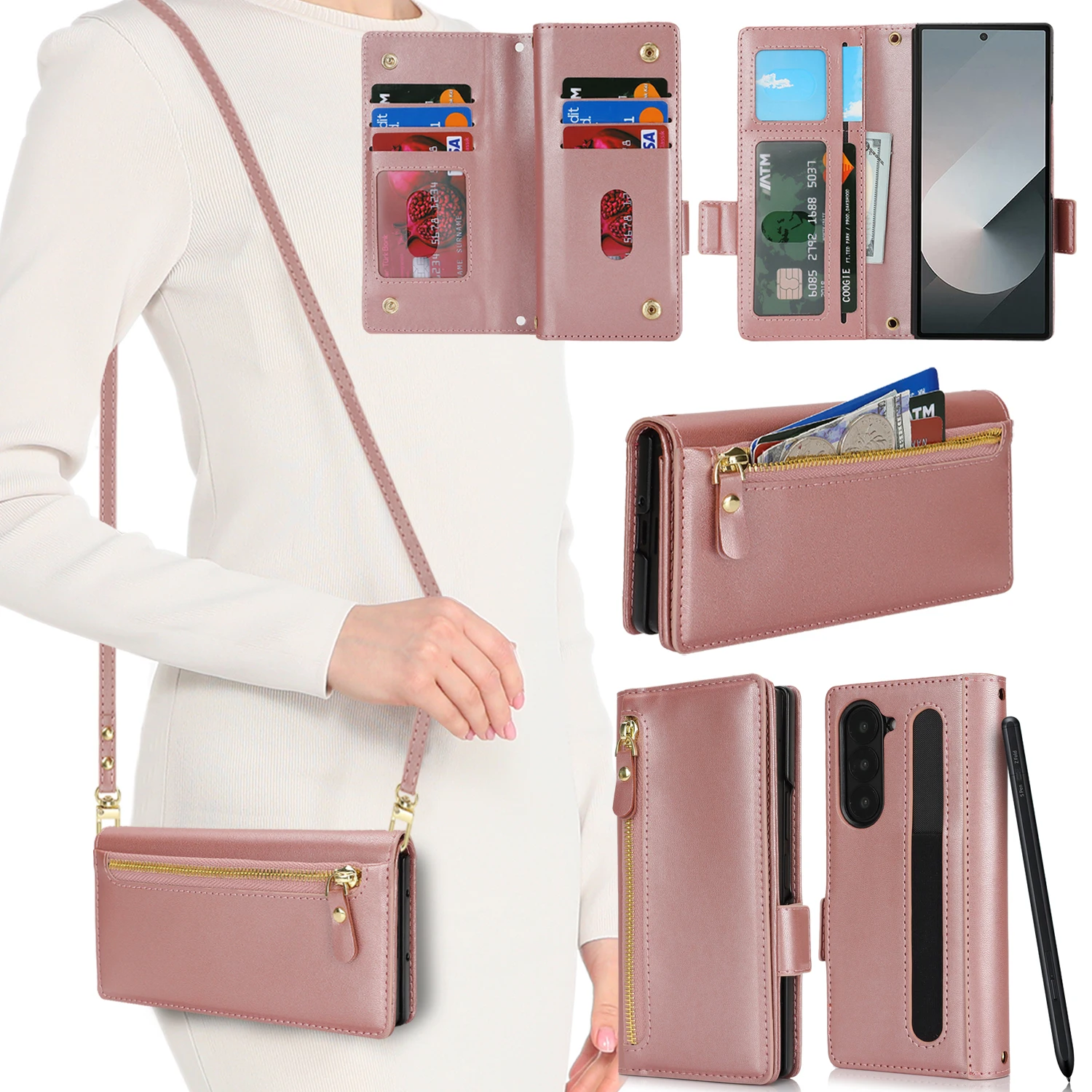 

Eastwave Luxury Crossbody Zipper Purse Wallet Case for Galaxy Z Fold 6 Fold 5 Folding Leather Case with Stylus Pen Slot Holder