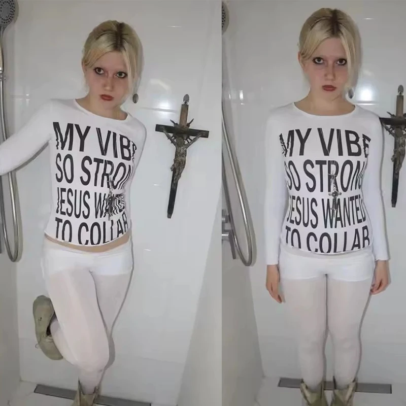 Brief Druck Lange Ärmeln Casual T-shirts Frauen Y2K Streetwear Vintage Harajuku Gothic Hip Hop Slim Fit Tees Chic Crop Tops