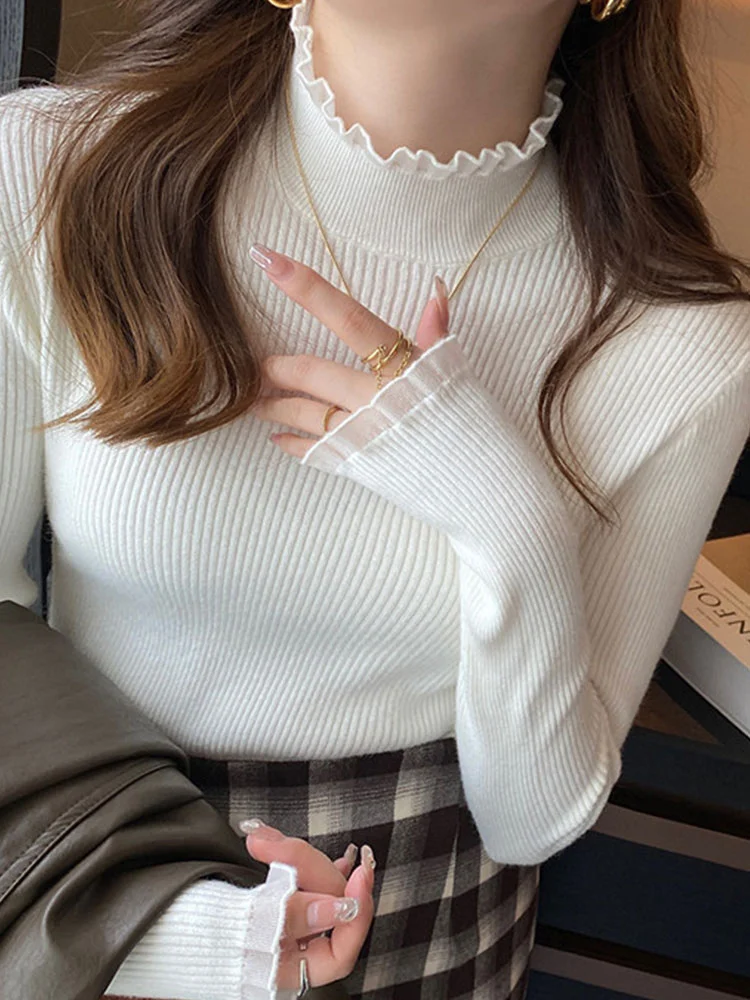 New Women's Sweater Solid Color Lace Perlin Half High Collar Outcoat Knitting Pullover Shirt Slim Fit Long Sleeves Female's Top