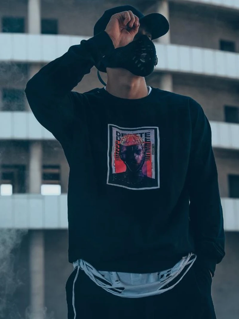 

European and American Trendy Brand Round-neck Hoodie Dark Rock Skull Punk Retro Punk Style Men's Fleece Print Vintage Clothing